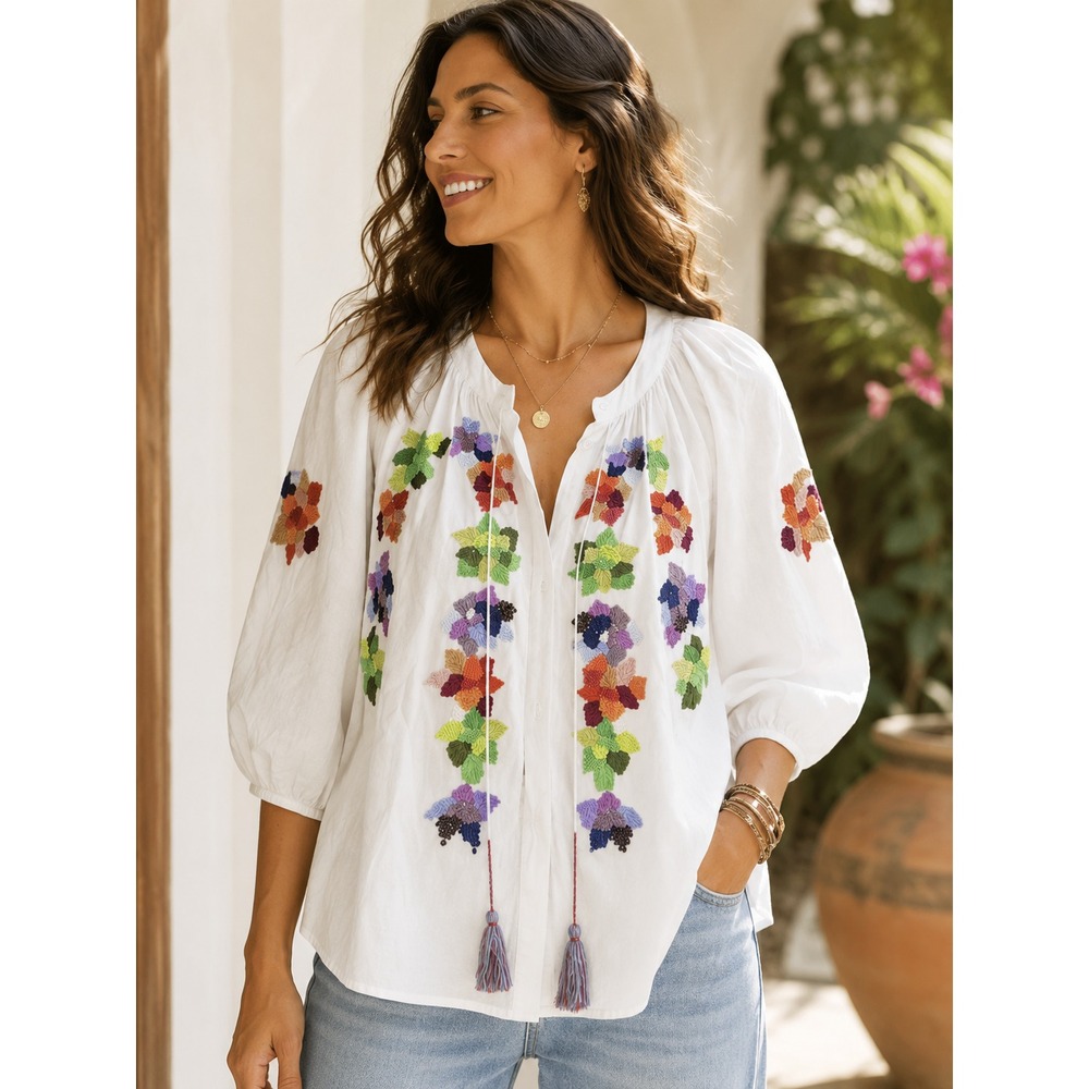 Rochelle Behrens The 3/4 Sleeve Minka Shirt L White Embroidered Floral $350 Boho